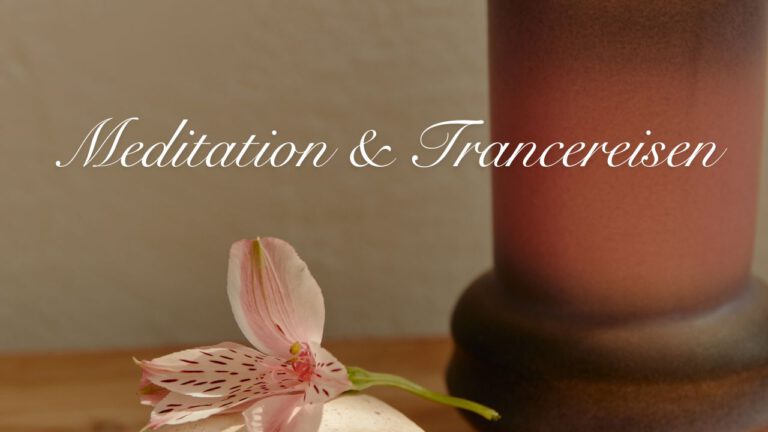 Auf dem Bild ist im Vordergrund eine Blume zu sehen, die auf einem Tisch liegt. Das Bild trägt die Aufschrift Meditationen und Trancereisen