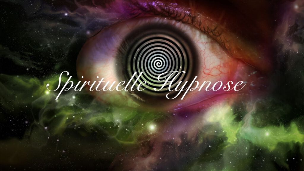 Auf dem Bild ist ein buntes Auge zu sehen, es wirkt mystisch. Das Bild trägt die Aufschrift spirituelle Hypnose.